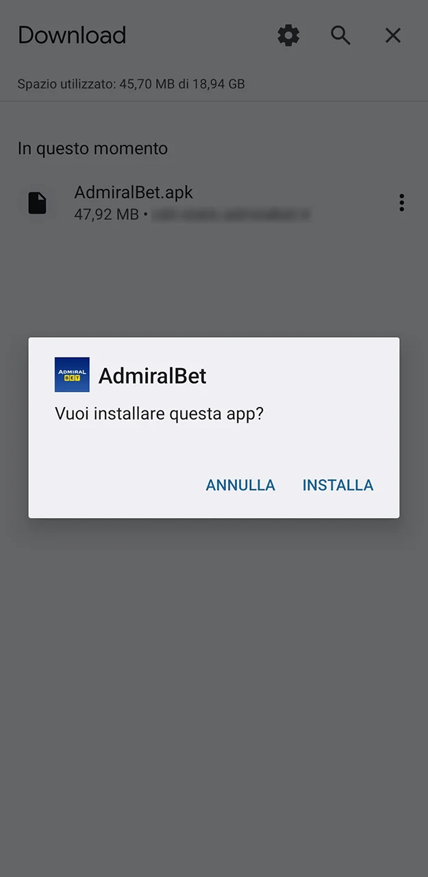 Avvia la procedura di installazione dell'app mobile AdmiralBet.