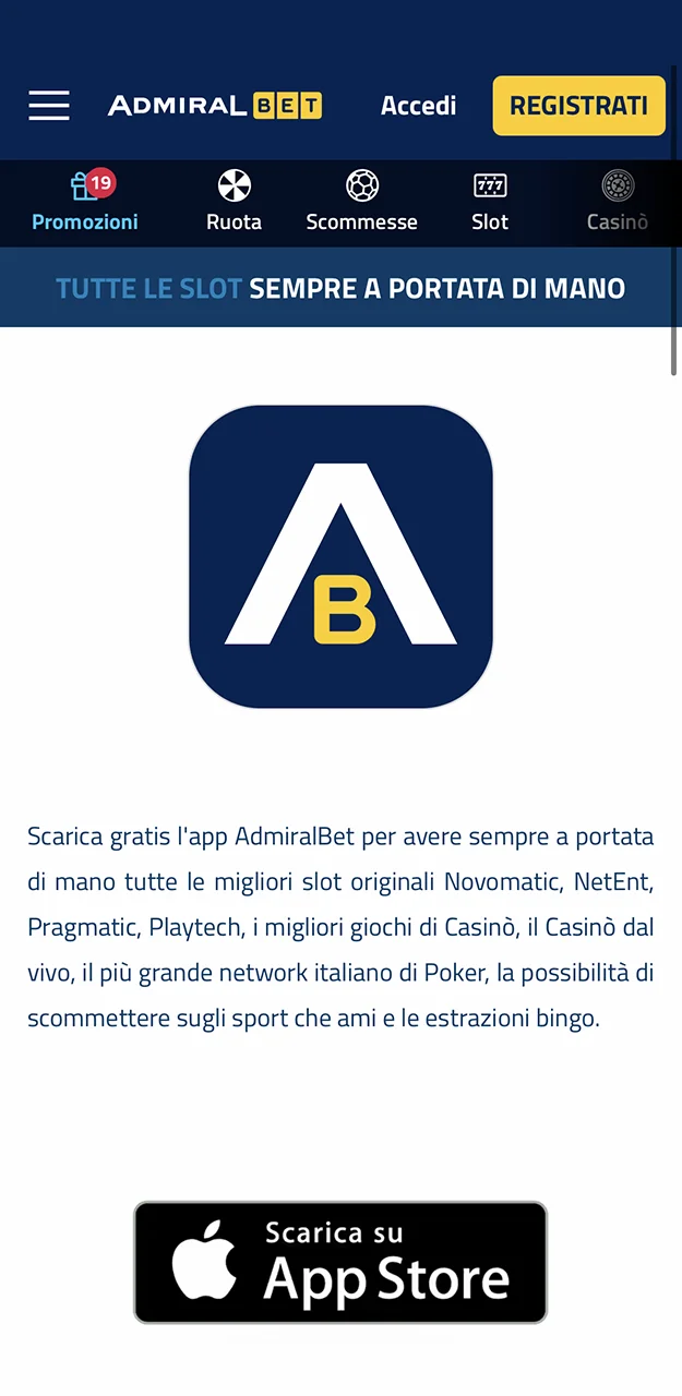 Vai sull'App Store per scaricare l'app AdmiralBet.