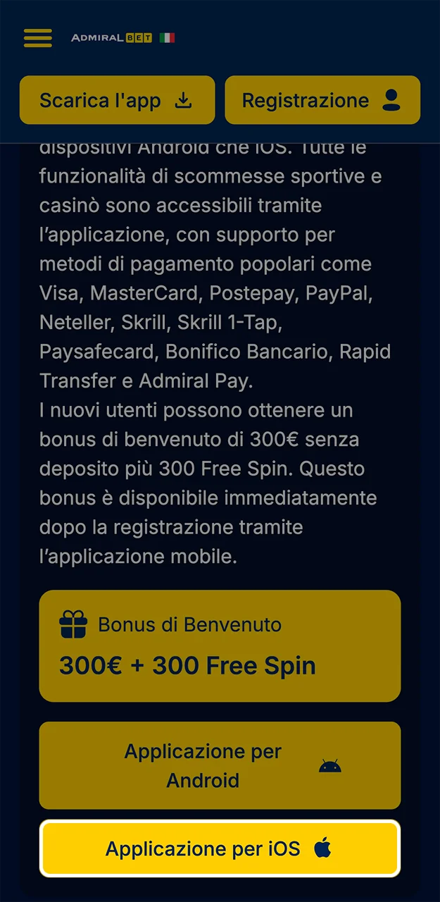 Utilizza il link diretto per scaricare l'app AdmiralBet per dispositivi iOS.