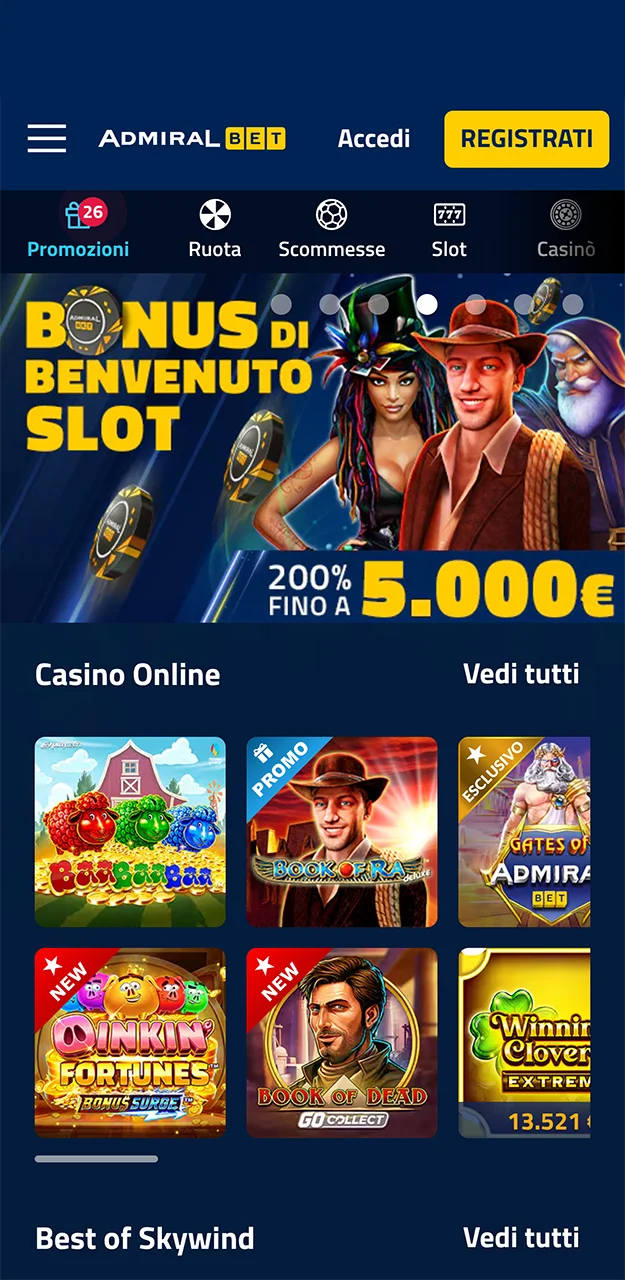 La pagina principale dell'app AdmiralBet.