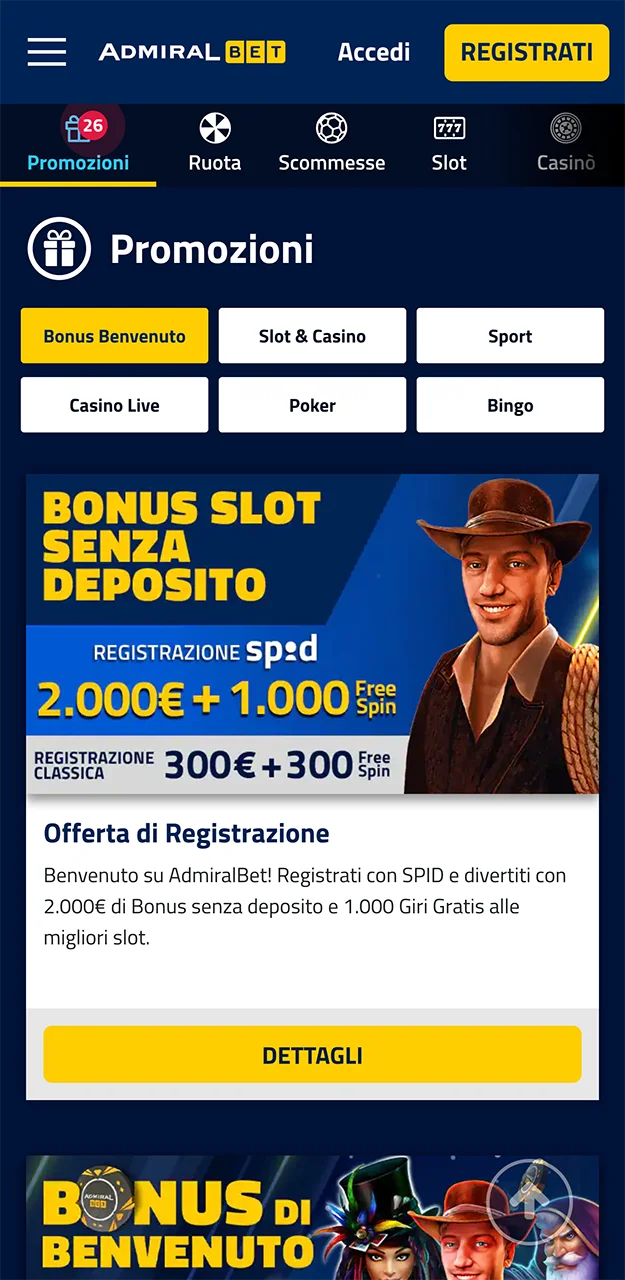 Promozioni e bonus nell'app AdmiralBet.