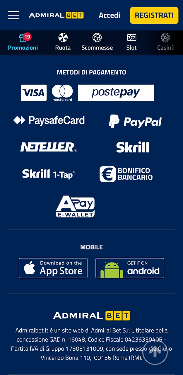 Effettua un deposito sul sito AdmiralBet utilizzando il metodo che preferisci.