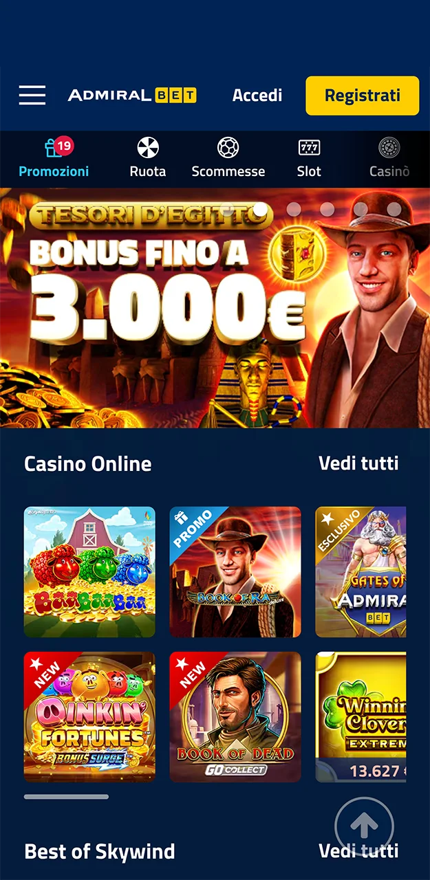 Scopri l'interfaccia del sito AdmiralBet e avvia la procedura di registrazione dell'account.