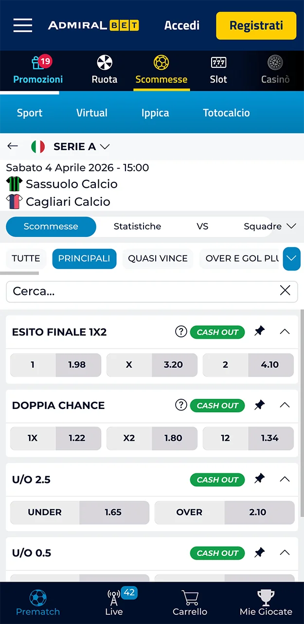 Scopri le quote disponibili per le partite di calcio nell'app AdmiralBet.